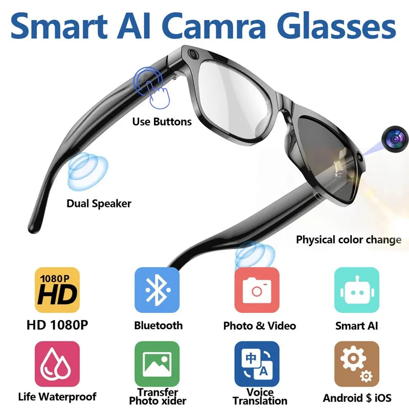 KI Smart Brille 1080P HD – Bluetooth, Farbwechsel-Linsen & Sprachassistent