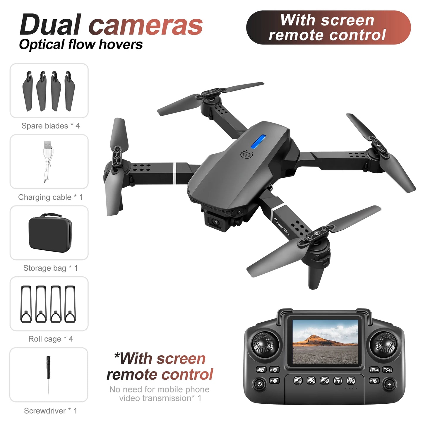 JJRC E88/E99 Drohne – 4K Dual-Kamera, Display-Fernbedienung, Faltbar