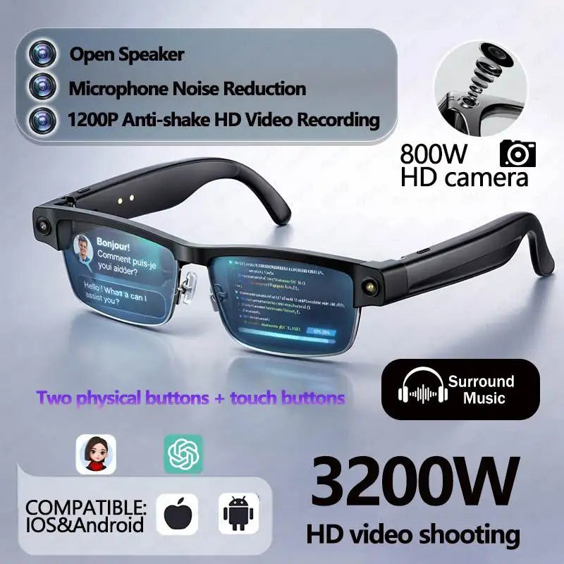 KI Smart Foto-Brille – 800W Kamera, 1200P Anti-Shake HD, Übersetzung, Musik & BT Anruf