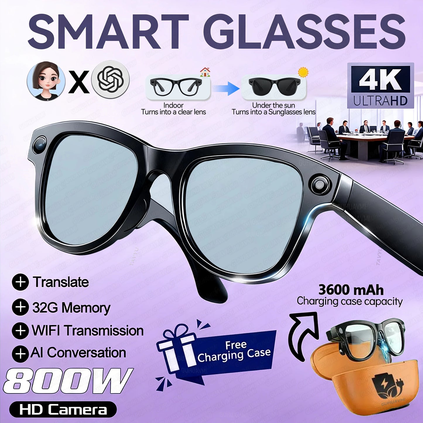 Lenovo 8K KI Smart Brille – HD Kamera, Bluetooth, Musik, Übersetzung & Photochrom-Gläser