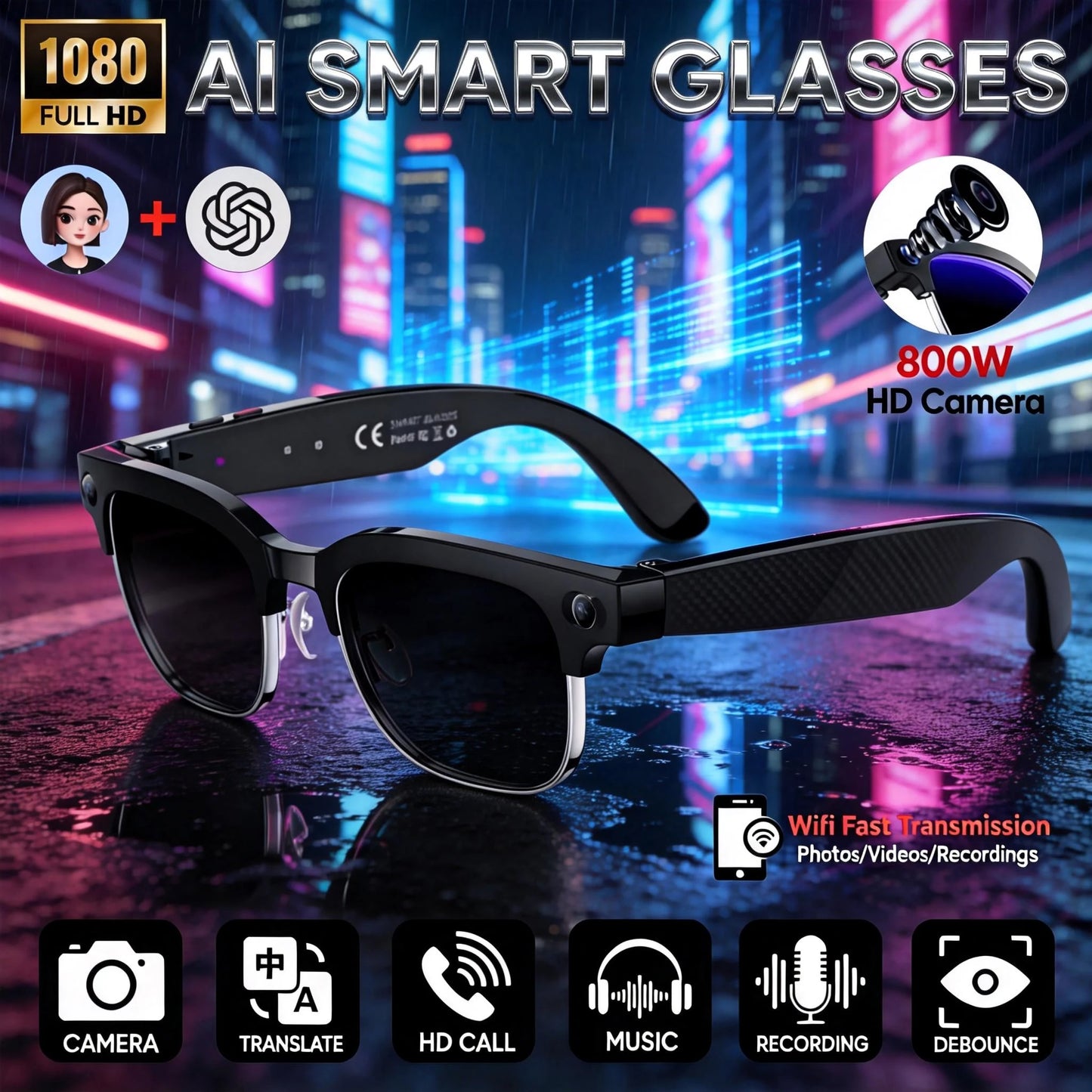 KI Smart Brille W630 Pro – 128GB, OIS Bildstabilisierung, 28 Sprachen, IP66