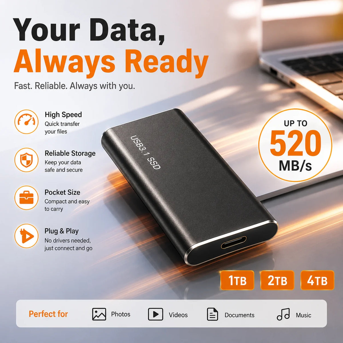 Portable SSD USB 3.1 Type-C – 1TB bis 4TB, für Laptop, Mac & Smartphone – Seitenansicht