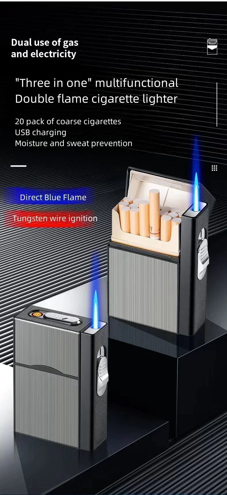 3-in-1-Zigarettenetui für 20 Zigaretten mit Gas- und USB-Feuerzeug – Produktbild 8