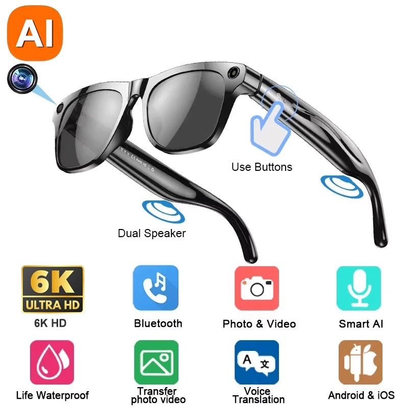 6K HD KI-Kamerabrille – 800MP, Photochrom, Bluetooth, ChatGPT & Musik