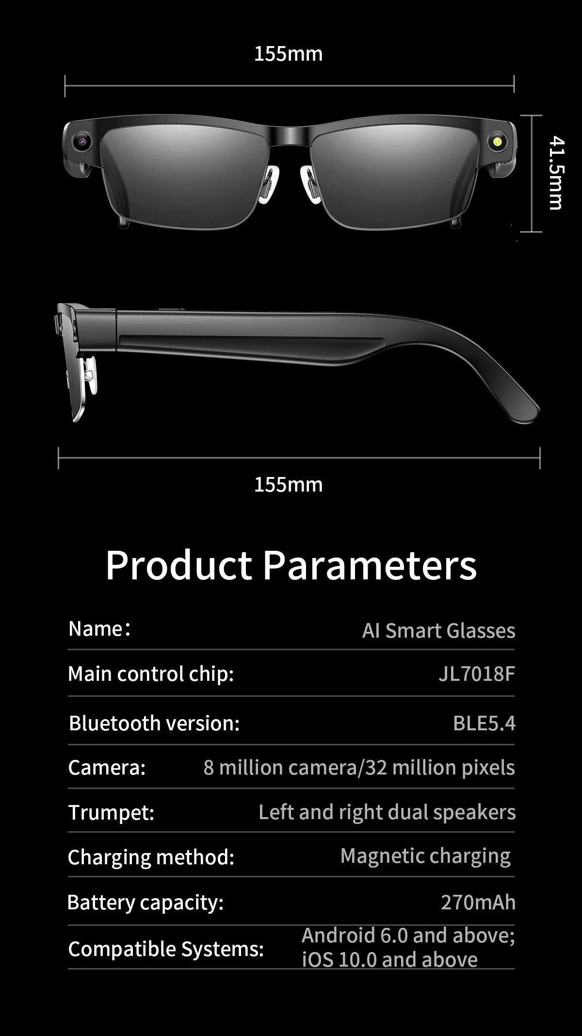 800W HD KI Smart-Brille – WiFi, Bluetooth, Sprachassistent & Objekterkennung