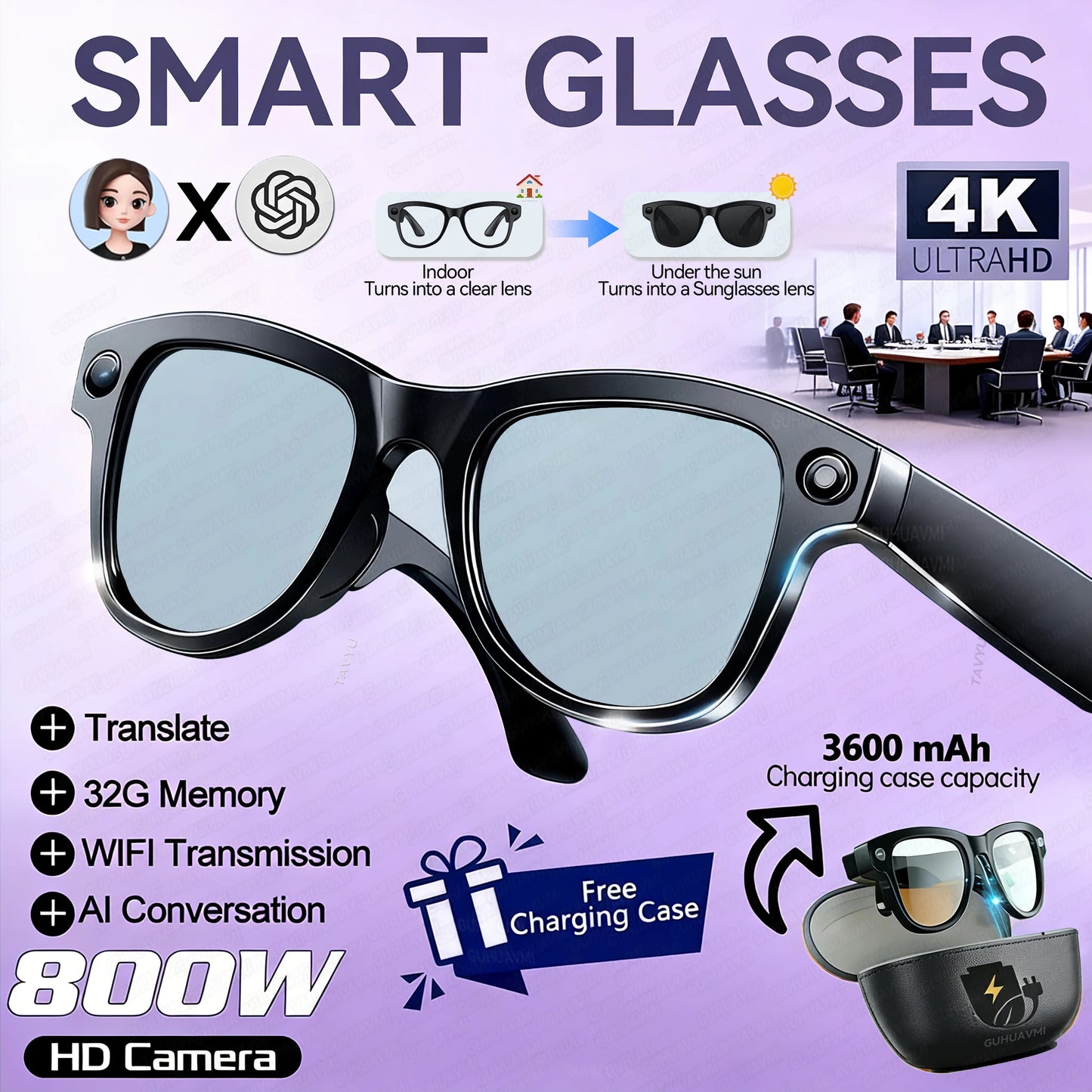 Lenovo 8K KI Smart Brille – HD Kamera, Bluetooth, Musik, Übersetzung & Photochrom-Gläser