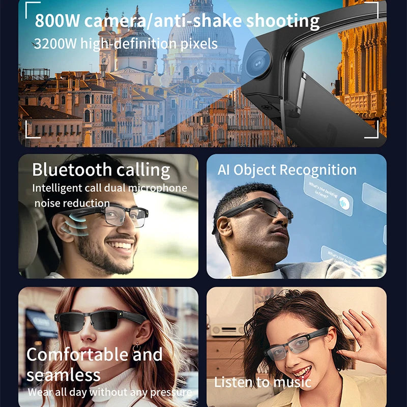 800W HD KI Smart-Brille – WiFi, Bluetooth, Sprachassistent & Objekterkennung