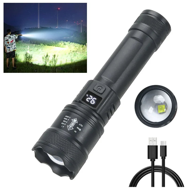 LED Taschenlampe 2000LM – USB wiederaufladbar, zoombar für Camping & Outdoor