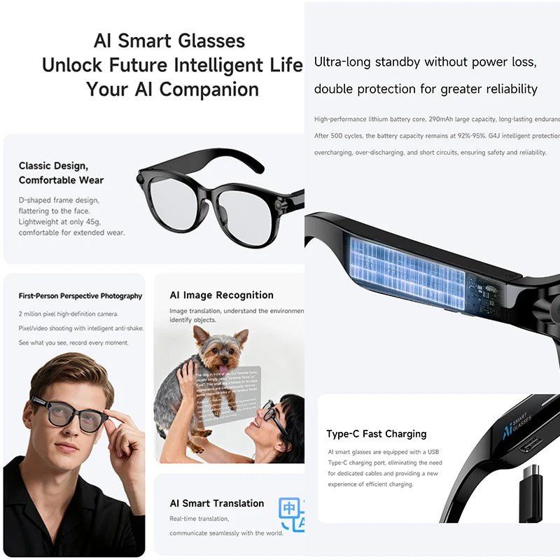 KI Smart Brille – Bilderkennung, KI-Sprachassistent, Musiksteuerung & TYPE-C Schnellladung