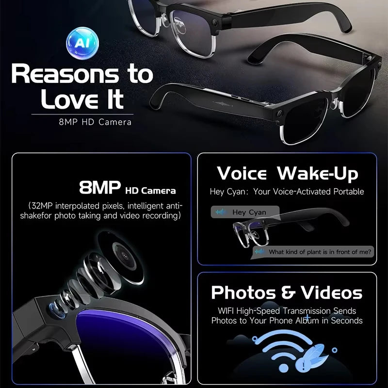 KI Smart Brille – 800W HD Kamera, Objekterkennung, KI-Übersetzung & Foto/Video