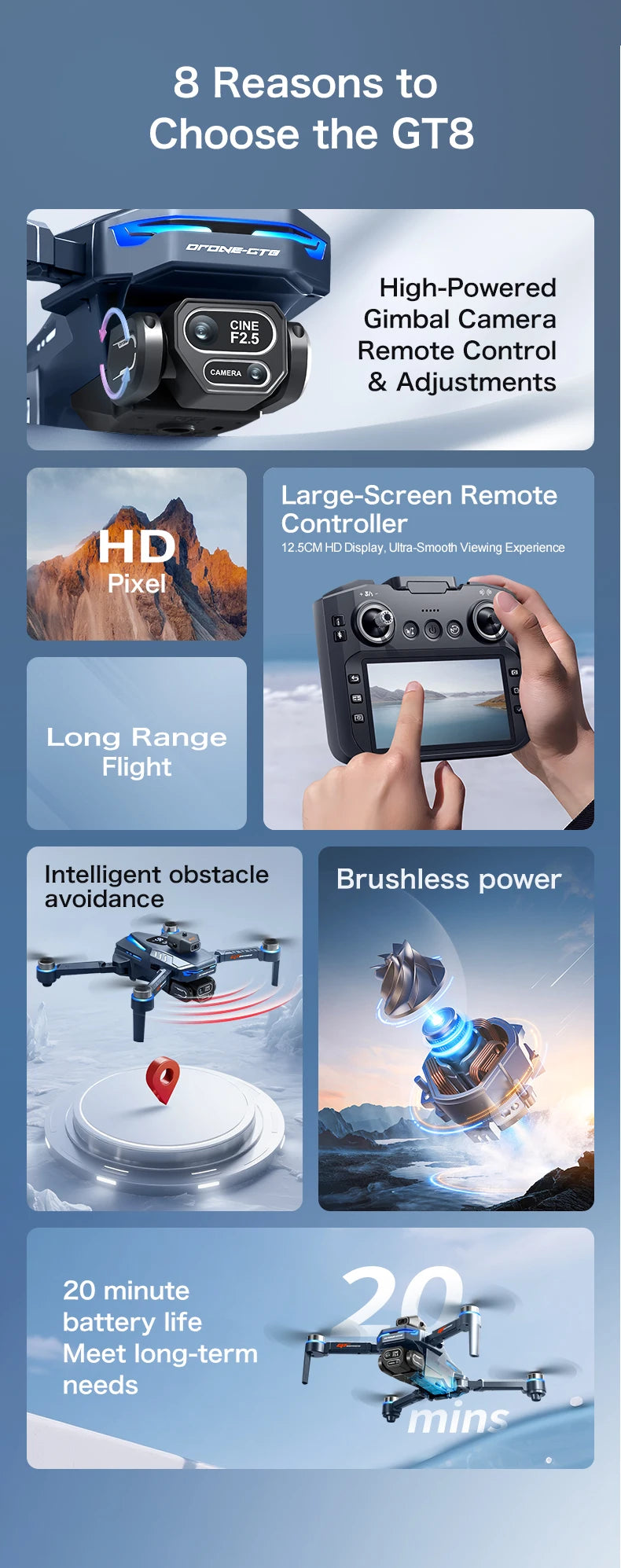 GT8 Drohne – 4K/8K Kamera, GPS, Brushless, Hinderniserkennung, 20 Min.