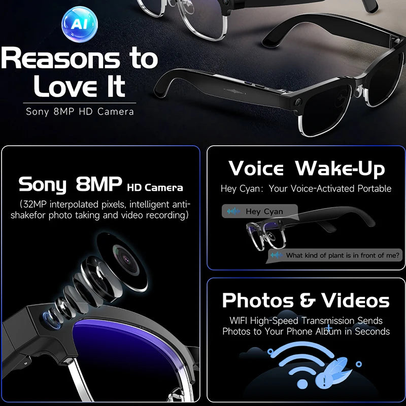 KI Smart Brille 2026 – 8MP HD Kamera, WiFi-Übertragung, Foto-Erkennung & BT Anruf